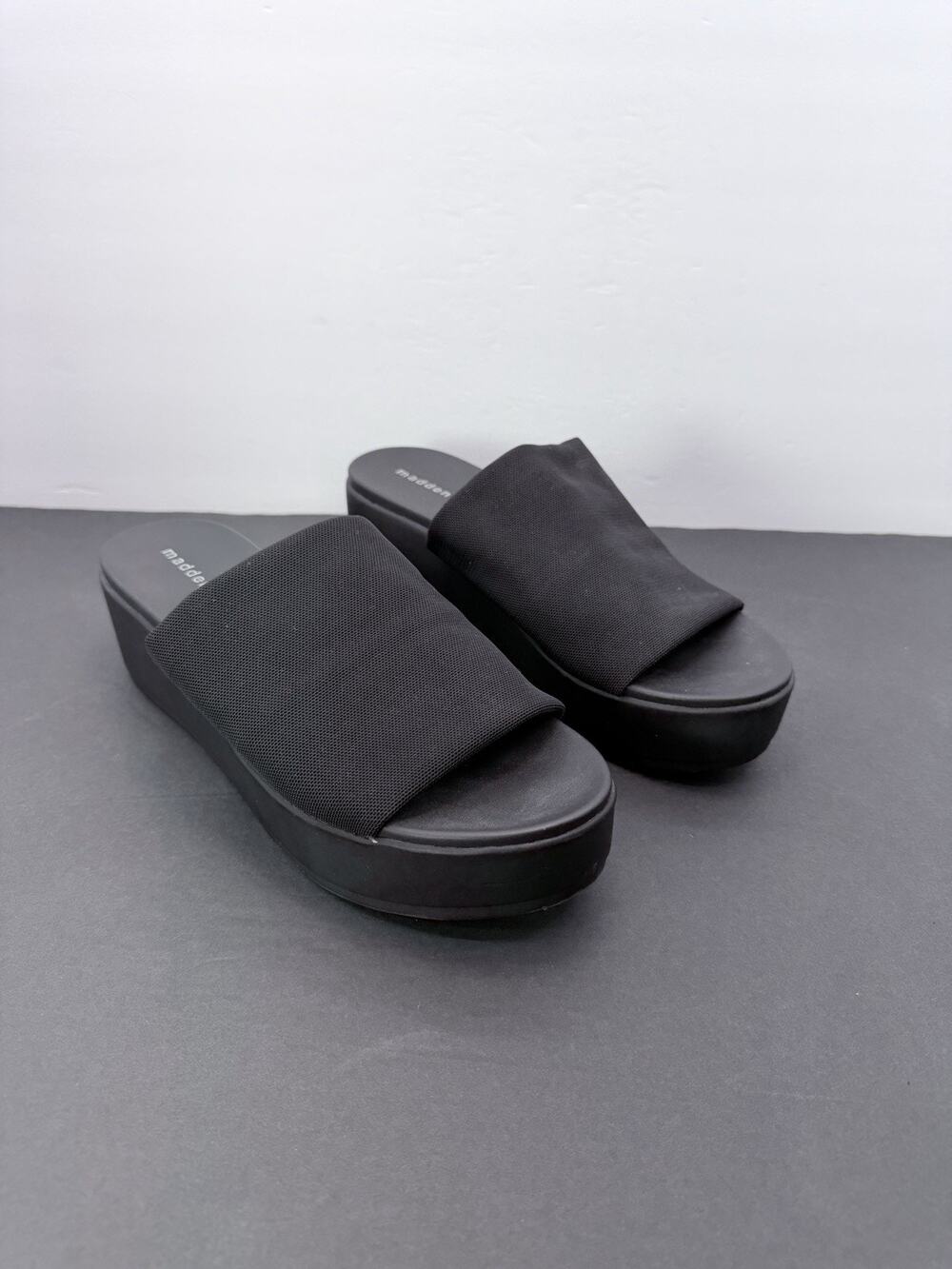 Madden Girl Shelbie Black Platform Wedge Slide Sandals Women's Size 9 M